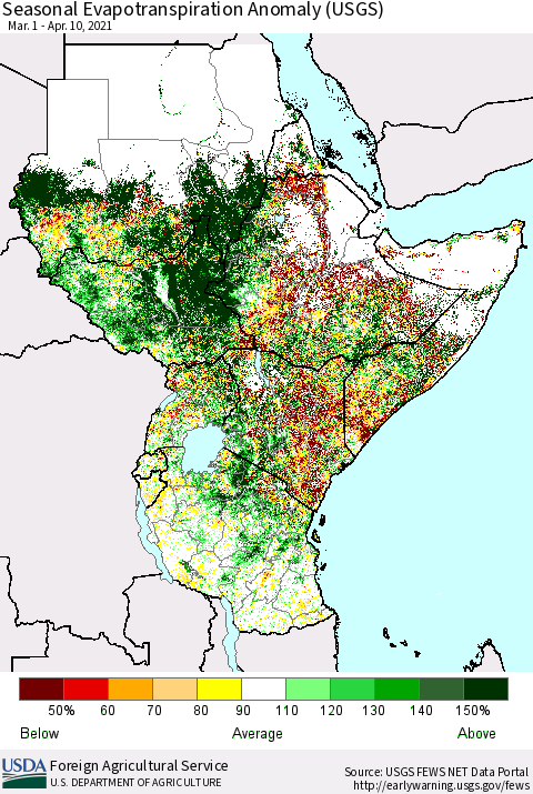 Eastern Africa Seasonal Actual Evapotranspiration Anomaly (USGS) Thematic Map For 3/1/2021 - 4/10/2021