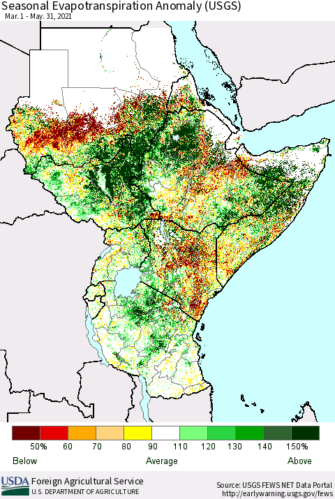 Eastern Africa Seasonal Actual Evapotranspiration Anomaly (USGS) Thematic Map For 3/1/2021 - 5/31/2021