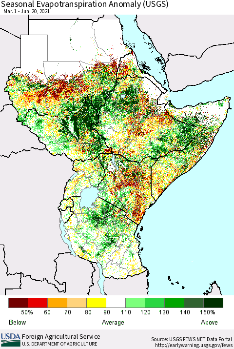 Eastern Africa Seasonal Actual Evapotranspiration Anomaly (USGS) Thematic Map For 3/1/2021 - 6/20/2021