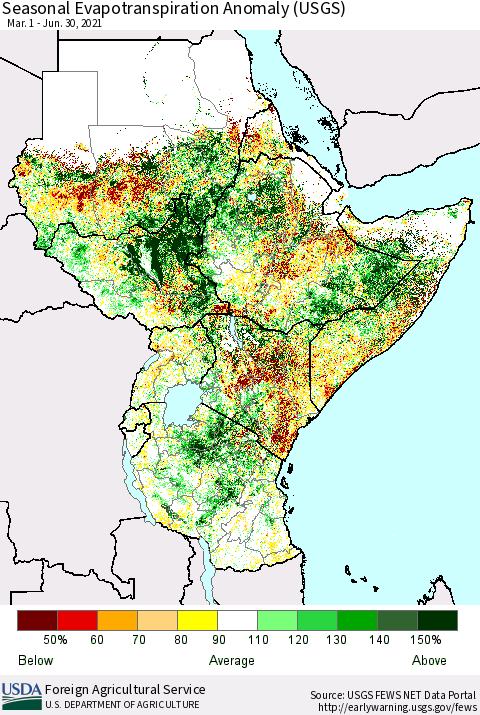 Eastern Africa Seasonal Actual Evapotranspiration Anomaly (USGS) Thematic Map For 3/1/2021 - 6/30/2021