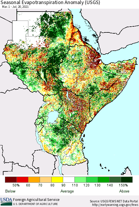Eastern Africa Seasonal Actual Evapotranspiration Anomaly (USGS) Thematic Map For 3/1/2021 - 7/20/2021