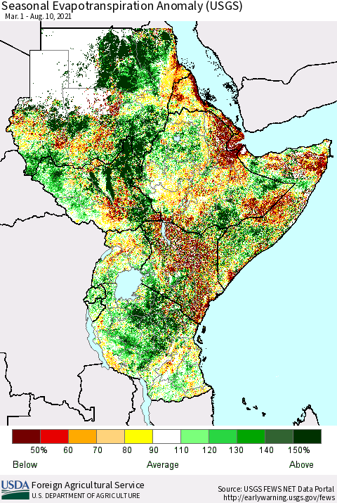 Eastern Africa Seasonal Actual Evapotranspiration Anomaly (USGS) Thematic Map For 3/1/2021 - 8/10/2021