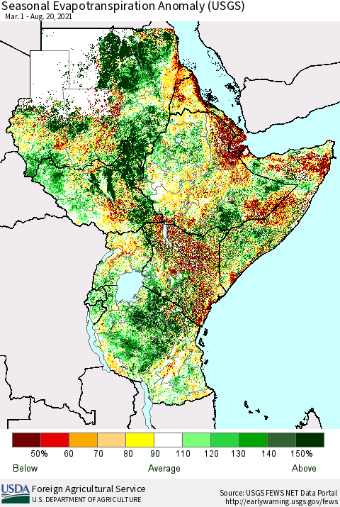 Eastern Africa Seasonal Actual Evapotranspiration Anomaly (USGS) Thematic Map For 3/1/2021 - 8/20/2021