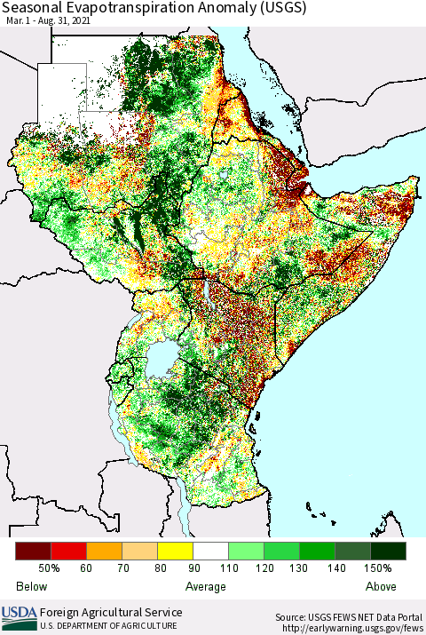 Eastern Africa Seasonal Actual Evapotranspiration Anomaly (USGS) Thematic Map For 3/1/2021 - 8/31/2021