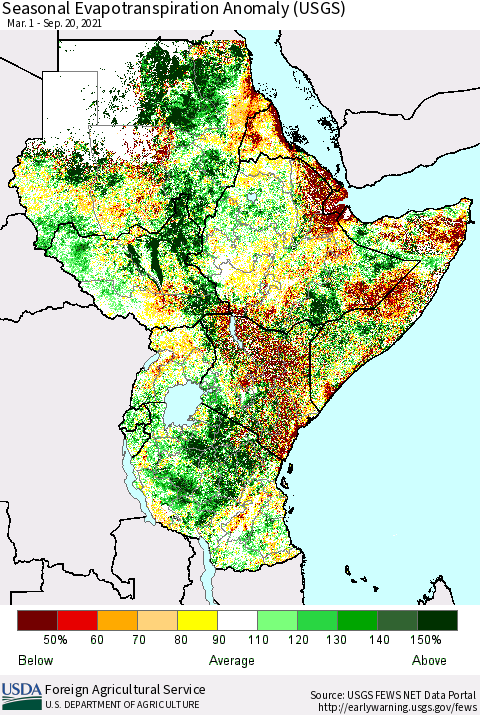 Eastern Africa Seasonal Actual Evapotranspiration Anomaly (USGS) Thematic Map For 3/1/2021 - 9/20/2021