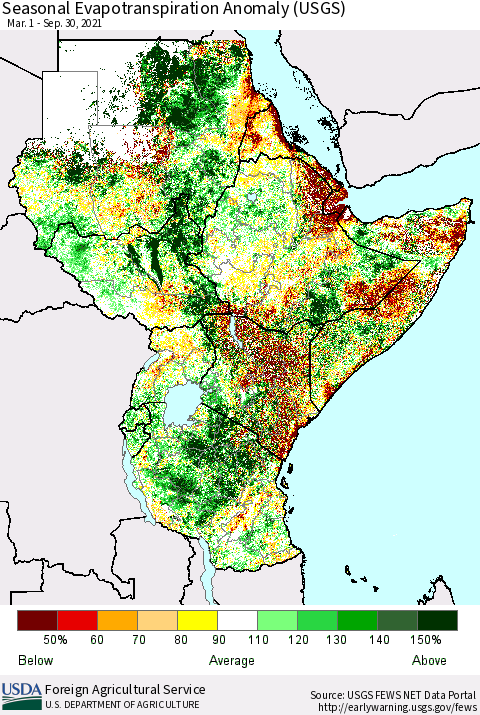 Eastern Africa Seasonal Actual Evapotranspiration Anomaly (USGS) Thematic Map For 3/1/2021 - 9/30/2021