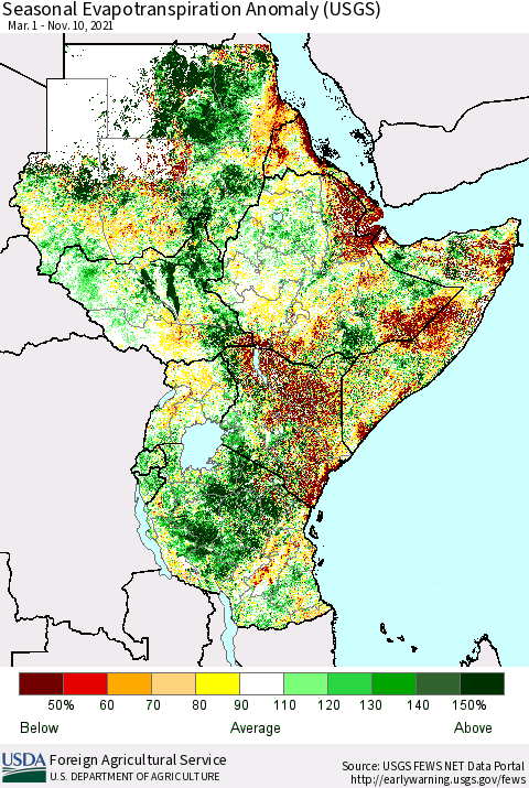 Eastern Africa Seasonal Actual Evapotranspiration Anomaly (USGS) Thematic Map For 3/1/2021 - 11/10/2021