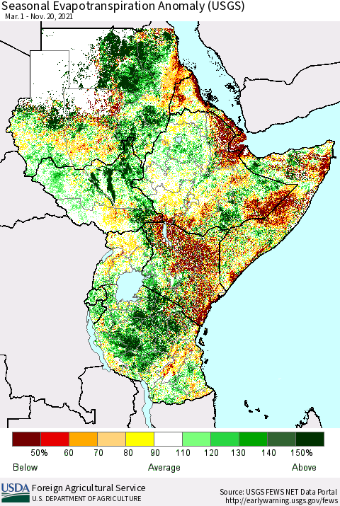 Eastern Africa Seasonal Actual Evapotranspiration Anomaly (USGS) Thematic Map For 3/1/2021 - 11/20/2021
