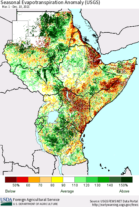 Eastern Africa Seasonal Actual Evapotranspiration Anomaly (USGS) Thematic Map For 3/1/2021 - 12/10/2021
