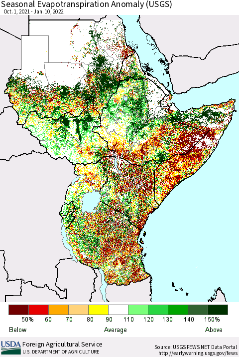 Eastern Africa Seasonal Evapotranspiration Anomaly (USGS) Thematic Map For 10/1/2021 - 1/10/2022