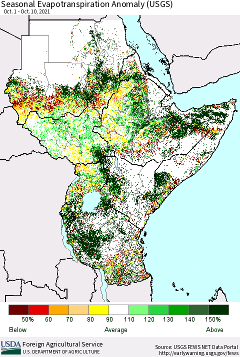 Eastern Africa Seasonal Evapotranspiration Anomaly (USGS) Thematic Map For 10/1/2021 - 10/10/2021