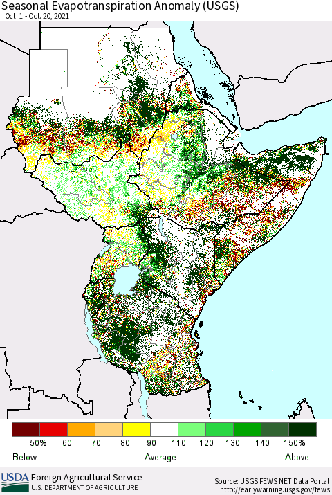 Eastern Africa Seasonal Evapotranspiration Anomaly (USGS) Thematic Map For 10/1/2021 - 10/20/2021