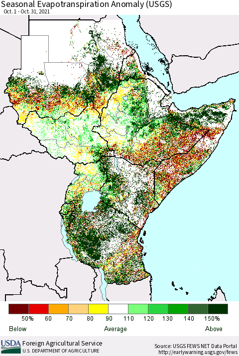 Eastern Africa Seasonal Evapotranspiration Anomaly (USGS) Thematic Map For 10/1/2021 - 10/31/2021