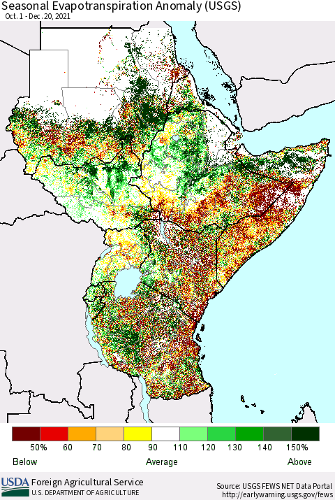 Eastern Africa Seasonal Evapotranspiration Anomaly (USGS) Thematic Map For 10/1/2021 - 12/20/2021