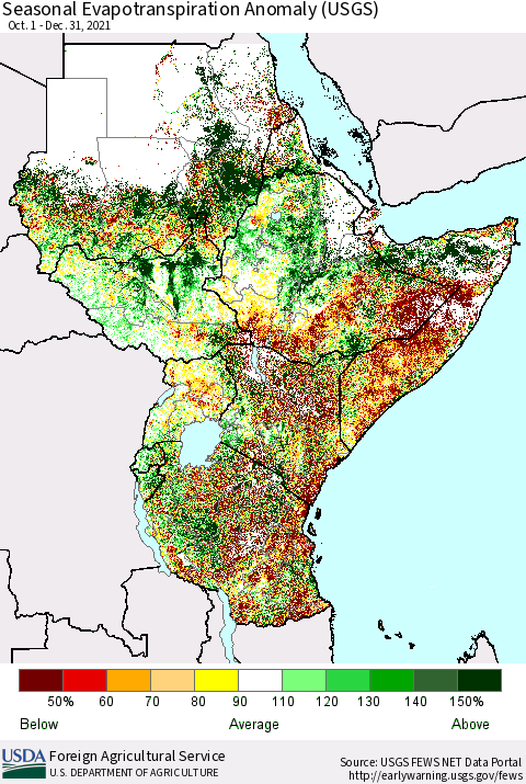 Eastern Africa Seasonal Evapotranspiration Anomaly (USGS) Thematic Map For 10/1/2021 - 12/31/2021