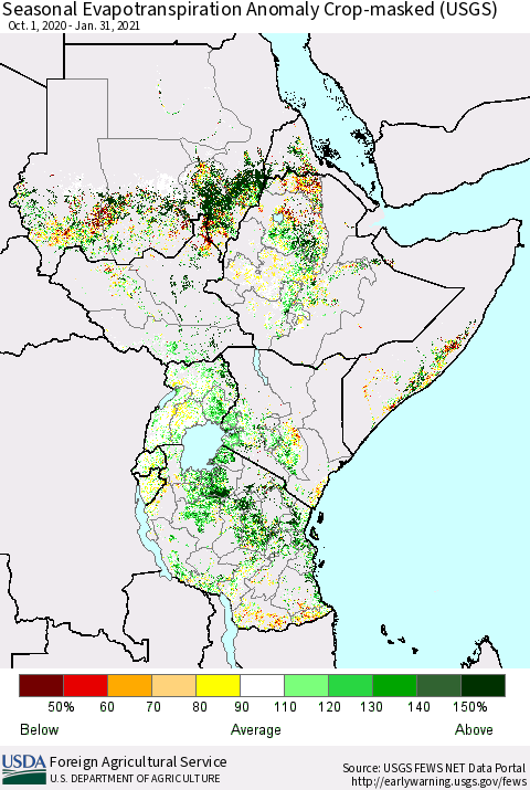 Eastern Africa Seasonal Actual Evapotranspiration Anomaly over Croplands (USGS) Thematic Map For 10/1/2020 - 1/31/2021