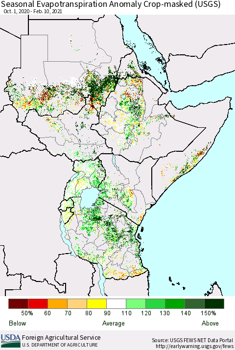Eastern Africa Seasonal Actual Evapotranspiration Anomaly over Croplands (USGS) Thematic Map For 10/1/2020 - 2/10/2021