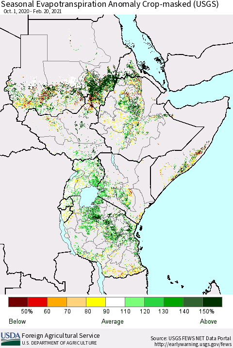 Eastern Africa Seasonal Evapotranspiration Anomaly Crop-masked (USGS) Thematic Map For 10/1/2020 - 2/20/2021