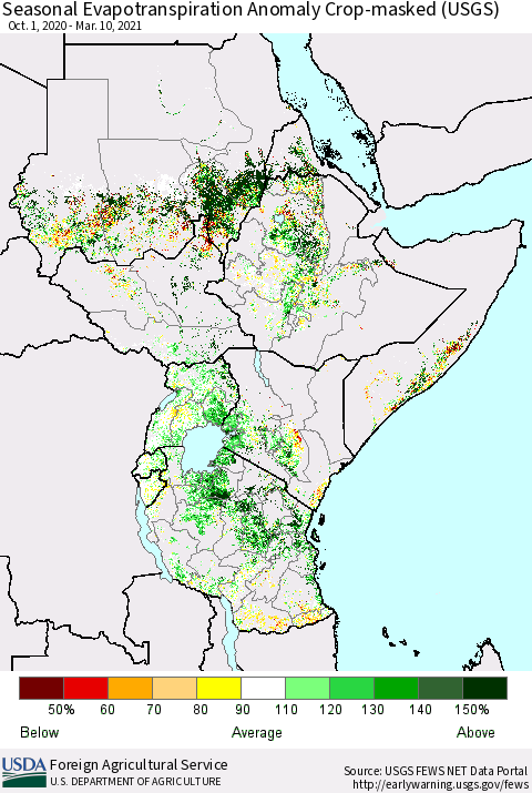 Eastern Africa Seasonal Evapotranspiration Anomaly Crop-masked (USGS) Thematic Map For 10/1/2020 - 3/10/2021