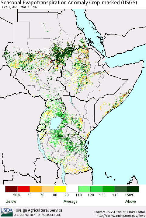 Eastern Africa Seasonal Evapotranspiration Anomaly Crop-masked (USGS) Thematic Map For 10/1/2020 - 3/31/2021
