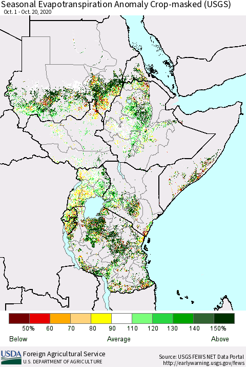 Eastern Africa Seasonal Evapotranspiration Anomaly Crop-masked (USGS) Thematic Map For 10/1/2020 - 10/20/2020