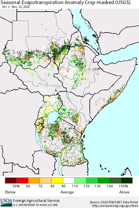 Eastern Africa Seasonal Evapotranspiration Anomaly Crop-masked (USGS) Thematic Map For 10/1/2020 - 11/10/2020