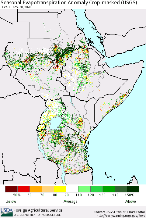 Eastern Africa Seasonal Evapotranspiration Anomaly Crop-masked (USGS) Thematic Map For 10/1/2020 - 11/30/2020