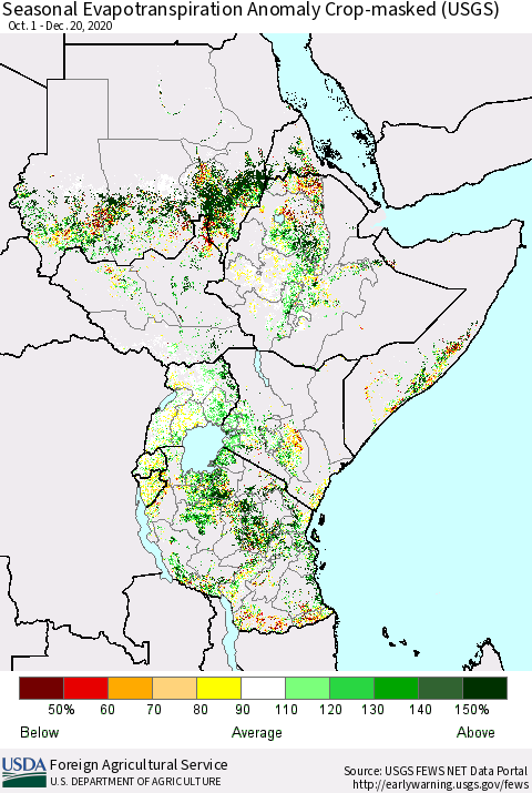 Eastern Africa Seasonal Evapotranspiration Anomaly Crop-masked (USGS) Thematic Map For 10/1/2020 - 12/20/2020