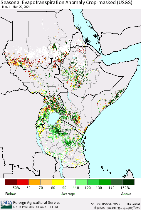 Eastern Africa Seasonal Evapotranspiration Anomaly Crop-masked (USGS) Thematic Map For 3/1/2021 - 3/20/2021