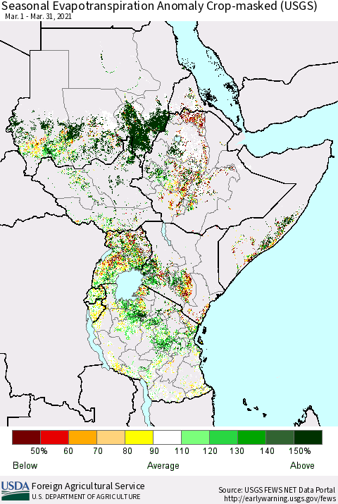 Eastern Africa Seasonal Evapotranspiration Anomaly Crop-masked (USGS) Thematic Map For 3/1/2021 - 3/31/2021