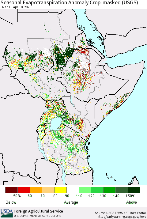 Eastern Africa Seasonal Evapotranspiration Anomaly Crop-masked (USGS) Thematic Map For 3/1/2021 - 4/10/2021