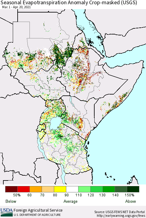 Eastern Africa Seasonal Actual Evapotranspiration Anomaly over Croplands (USGS) Thematic Map For 3/1/2021 - 4/20/2021