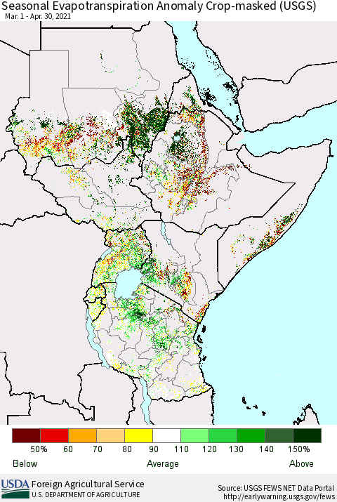 Eastern Africa Seasonal Actual Evapotranspiration Anomaly over Croplands (USGS) Thematic Map For 3/1/2021 - 4/30/2021