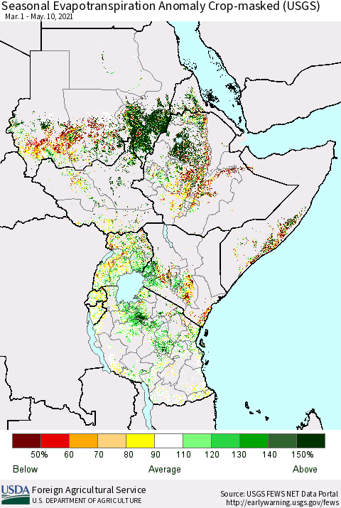 Eastern Africa Seasonal Evapotranspiration Anomaly Crop-masked (USGS) Thematic Map For 3/1/2021 - 5/10/2021