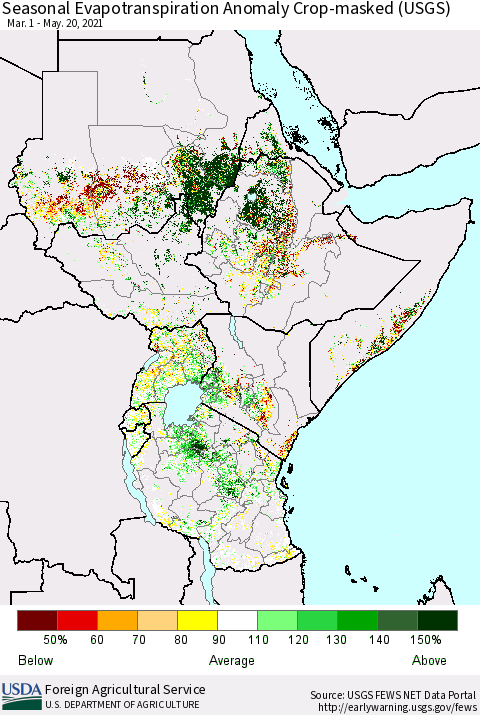Eastern Africa Seasonal Actual Evapotranspiration Anomaly over Croplands (USGS) Thematic Map For 3/1/2021 - 5/20/2021