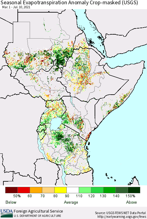 Eastern Africa Seasonal Actual Evapotranspiration Anomaly over Croplands (USGS) Thematic Map For 3/1/2021 - 7/10/2021