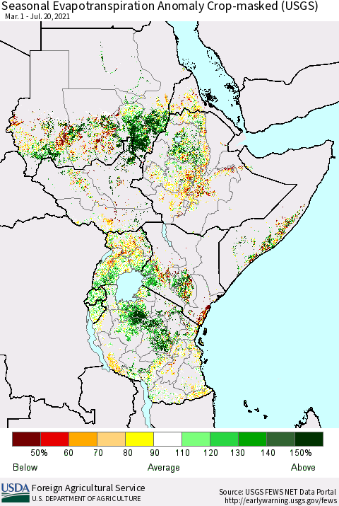 Eastern Africa Seasonal Actual Evapotranspiration Anomaly over Croplands (USGS) Thematic Map For 3/1/2021 - 7/20/2021