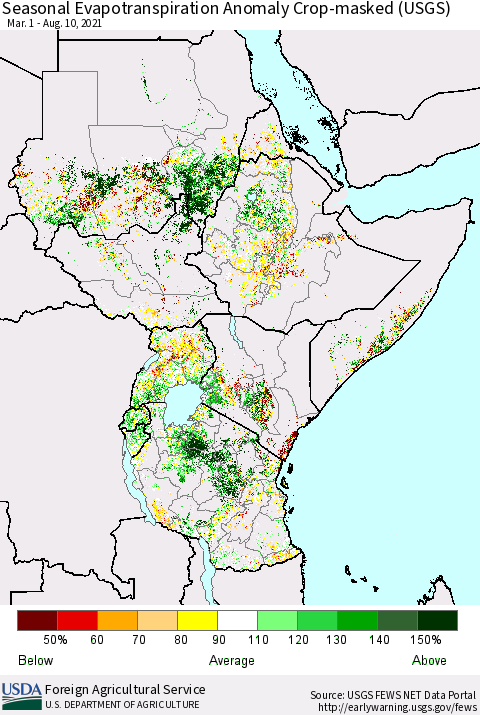 Eastern Africa Seasonal Evapotranspiration Anomaly Crop-masked (USGS) Thematic Map For 3/1/2021 - 8/10/2021