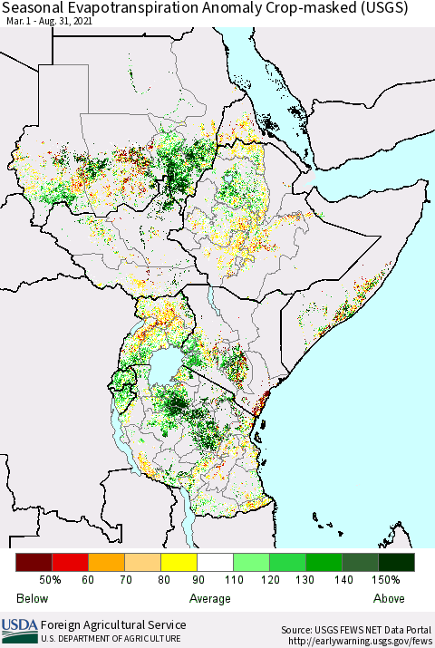 Eastern Africa Seasonal Actual Evapotranspiration Anomaly over Croplands (USGS) Thematic Map For 3/1/2021 - 8/31/2021