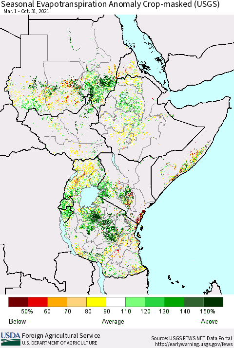 Eastern Africa Seasonal Actual Evapotranspiration Anomaly over Croplands (USGS) Thematic Map For 3/1/2021 - 10/31/2021