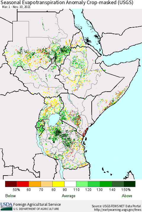 Eastern Africa Seasonal Actual Evapotranspiration Anomaly over Croplands (USGS) Thematic Map For 3/1/2021 - 11/10/2021