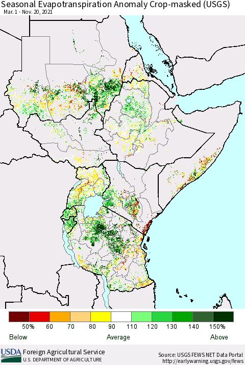 Eastern Africa Seasonal Actual Evapotranspiration Anomaly over Croplands (USGS) Thematic Map For 3/1/2021 - 11/20/2021