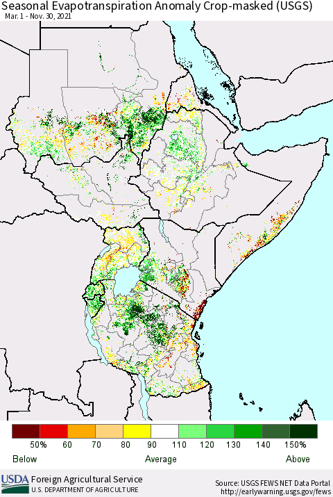Eastern Africa Seasonal Actual Evapotranspiration Anomaly over Croplands (USGS) Thematic Map For 3/1/2021 - 11/30/2021