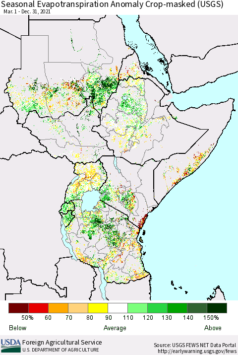 Eastern Africa Seasonal Actual Evapotranspiration Anomaly over Croplands (USGS) Thematic Map For 3/1/2021 - 12/31/2021