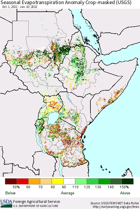 Eastern Africa Seasonal Actual Evapotranspiration Anomaly over Croplands (USGS) Thematic Map For 10/1/2021 - 1/10/2022