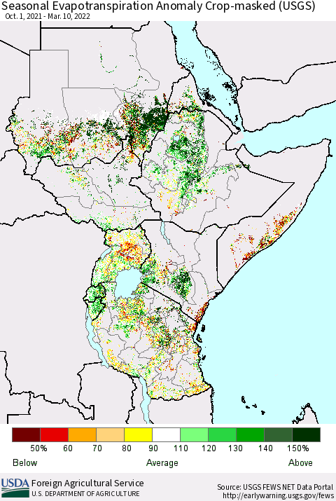 Eastern Africa Seasonal Actual Evapotranspiration Anomaly over Croplands (USGS) Thematic Map For 10/1/2021 - 3/10/2022