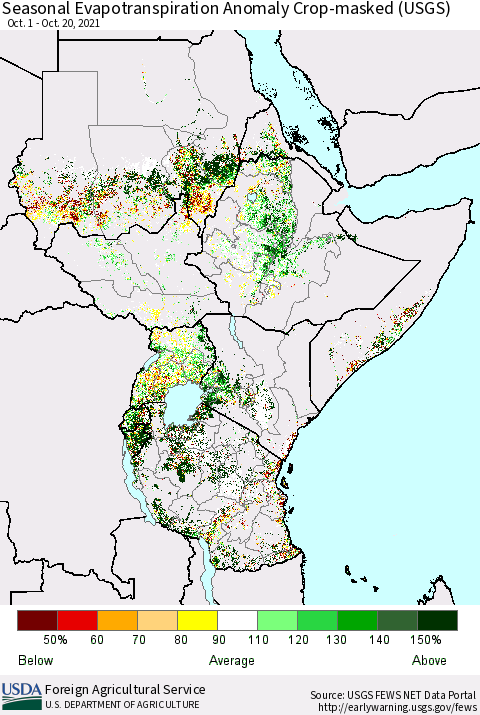 Eastern Africa Seasonal Actual Evapotranspiration Anomaly over Croplands (USGS) Thematic Map For 10/1/2021 - 10/20/2021