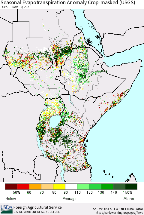 Eastern Africa Seasonal Actual Evapotranspiration Anomaly over Croplands (USGS) Thematic Map For 10/1/2021 - 11/10/2021