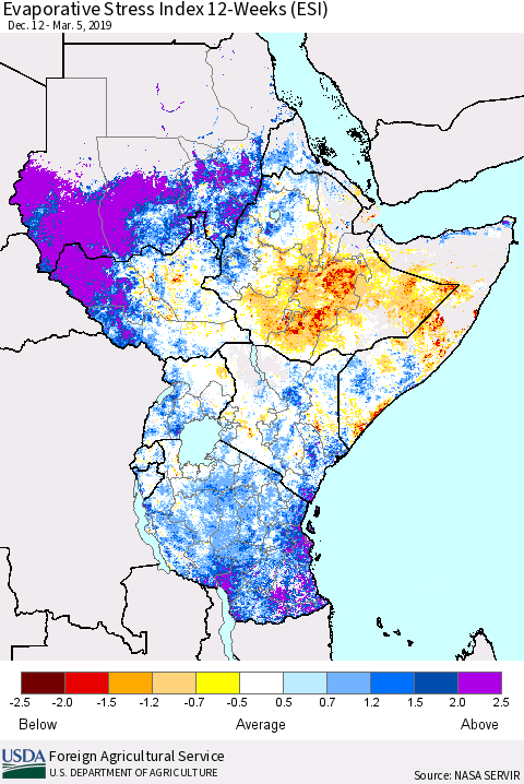 Eastern Africa Evaporative Stress Index (ESI), 12-Weeks Thematic Map For 3/4/2019 - 3/10/2019