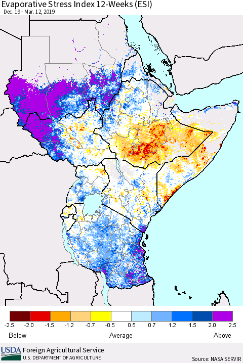 Eastern Africa Evaporative Stress Index (ESI), 12-Weeks Thematic Map For 3/11/2019 - 3/17/2019